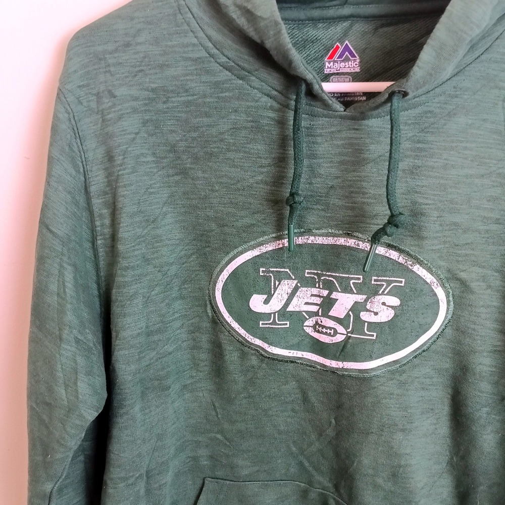 Majestic New York Jets Hoodie Mens Medium Green Excellent Slub Knit Pullover